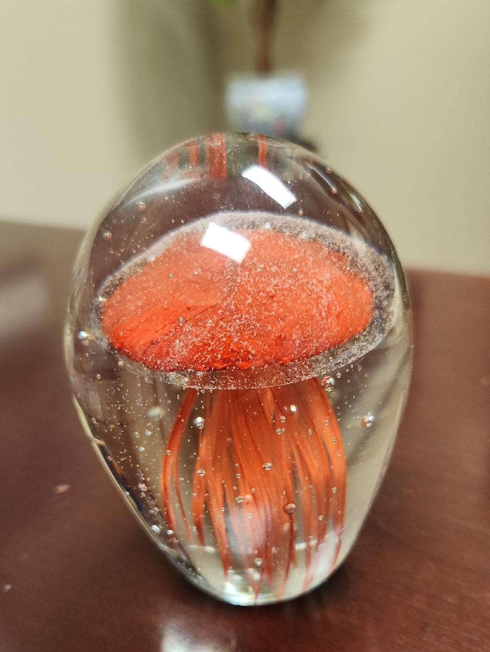 Handblown Glass Jellyfish Paperweight in Orange Red